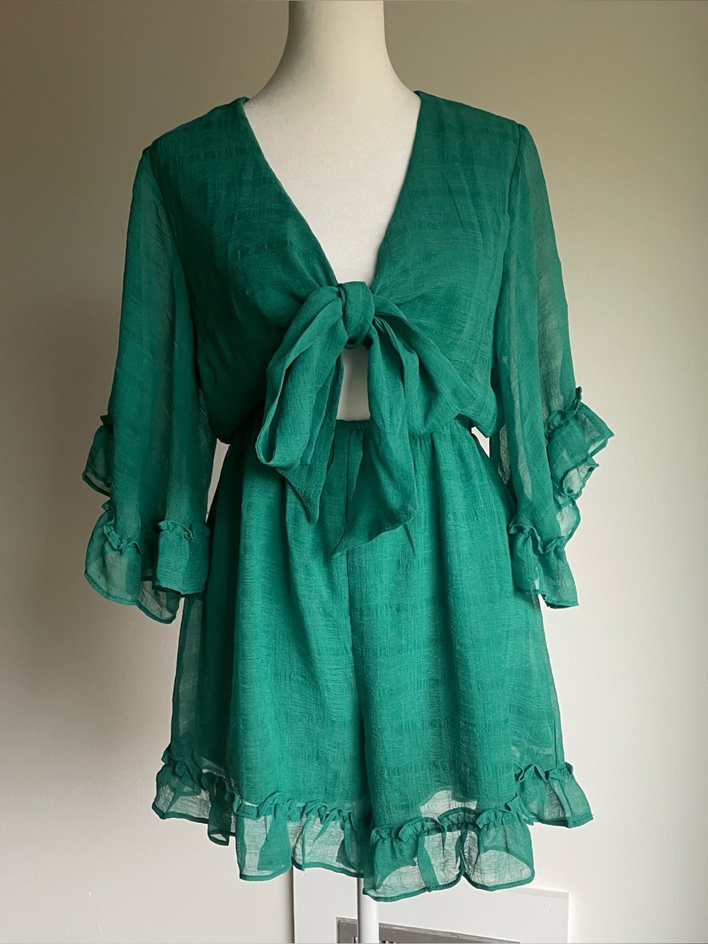 Chiffon Ruffle Romper with Cut Out Mi Ami Green Boho Chic Romantic Size M